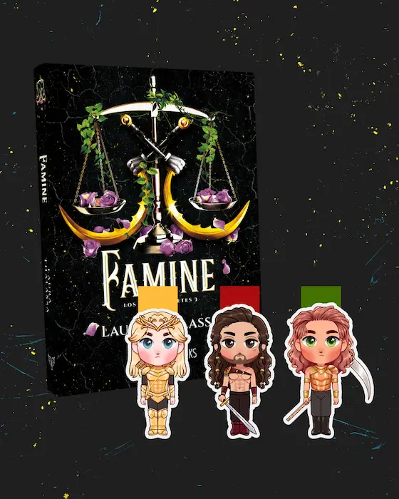 Libro Famine, tercera entrega de Los cuatro jinetes de Laura Thalassa, y marcapáginas magnéticos de Pestilence, War y Famine